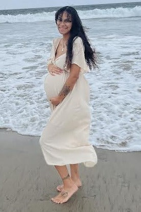 Beige Front Tie Ruffle Sleeve Maternity Midi Dress by PinkBlush at Everetts Place