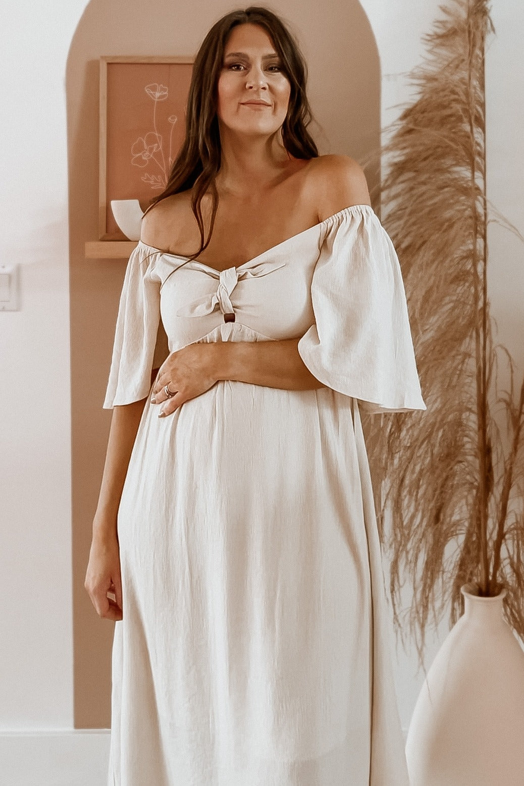 Ruffle Sleeve Front Tie Maternity Midi Dress by PinkBlush (view 11 of 16)