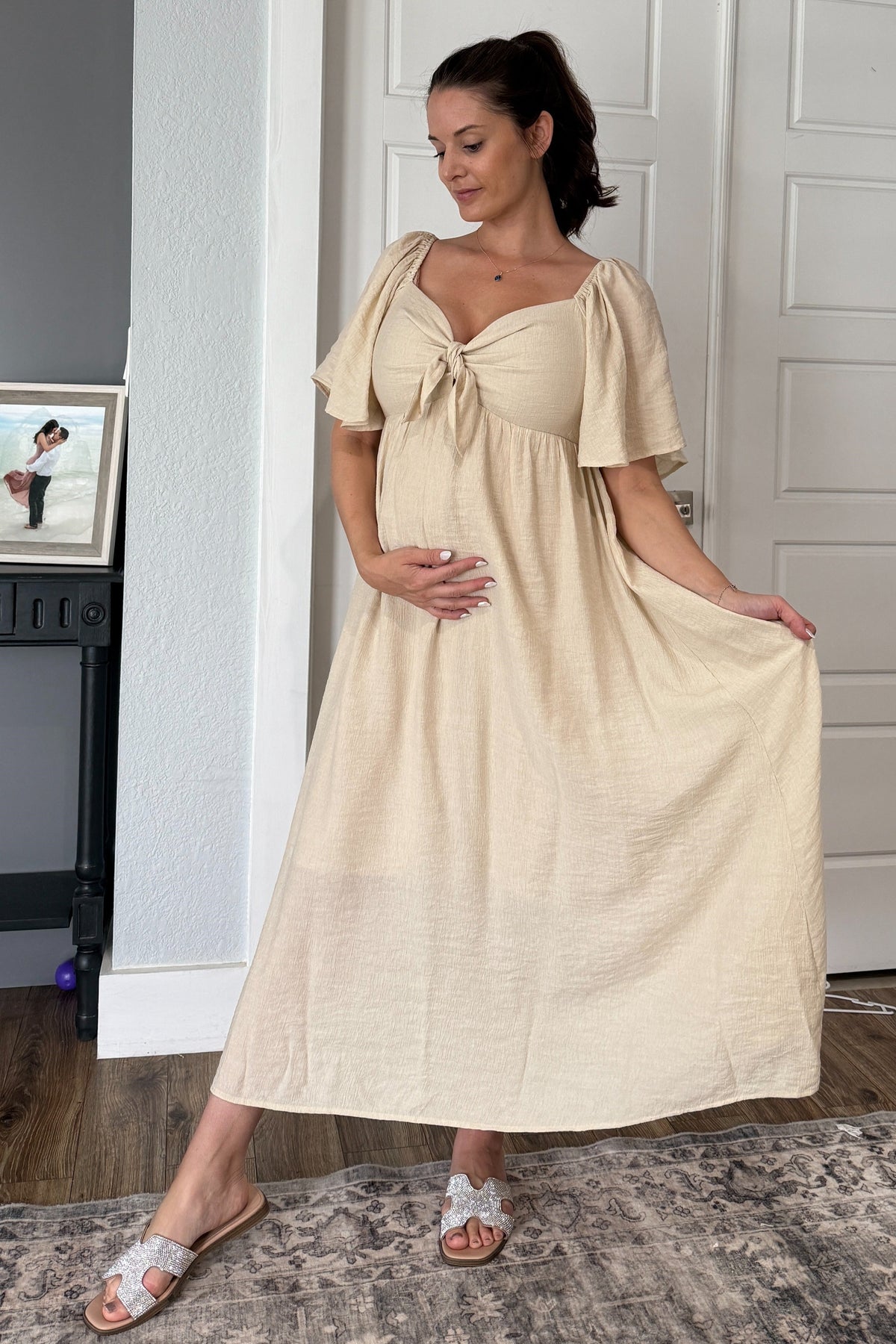 Ruffle Sleeve Front Tie Maternity Midi Dress by PinkBlush (view 15 of 16)