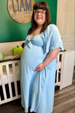 Light Blue Textured Dot Front Tie Ruffle Sleeve Maternity Midi Dress by PinkBlush