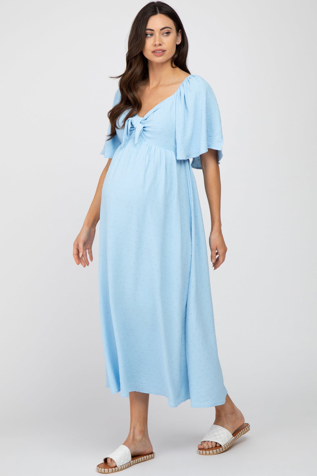 Light Blue Textured Dot Front Tie Ruffle Sleeve Maternity Midi Dress by PinkBlush
