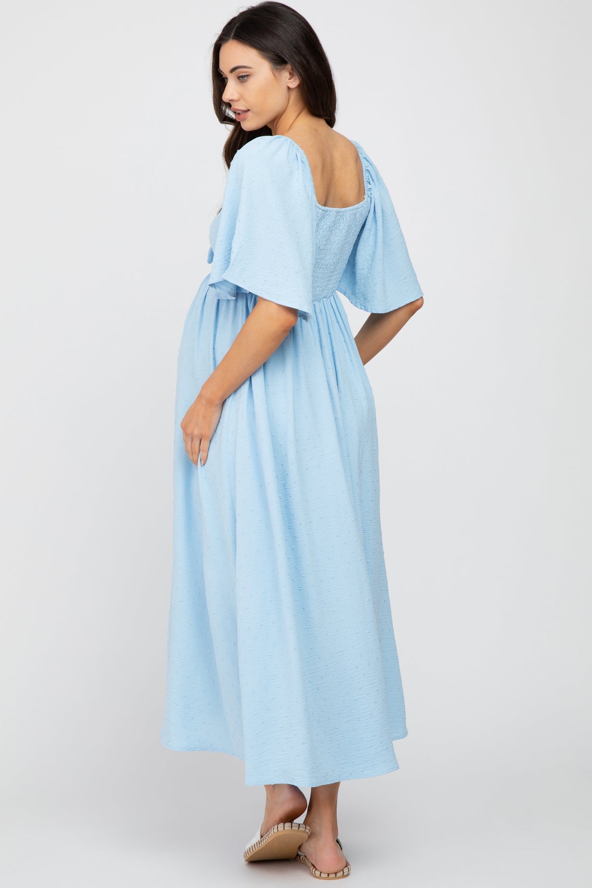 Light Blue Textured Dot Front Tie Ruffle Sleeve Maternity Midi Dress by PinkBlush