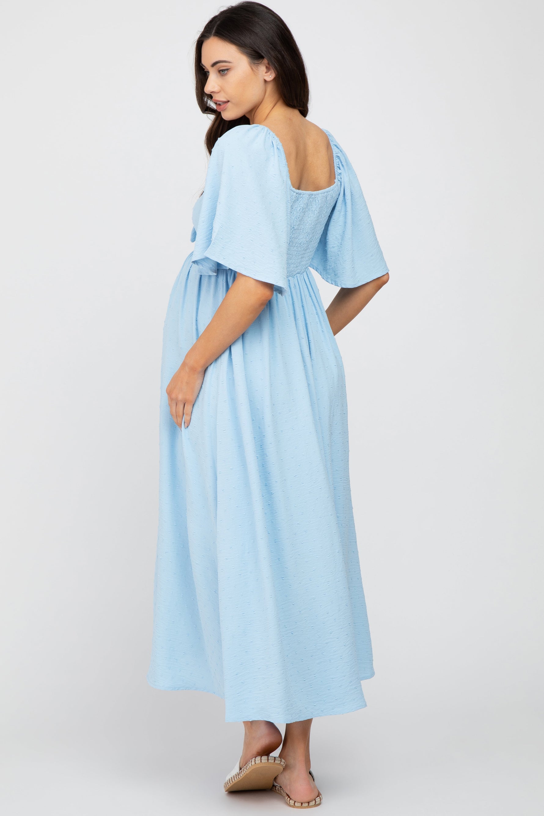 Light Blue Textured Dot Front Tie Ruffle Sleeve Maternity Midi Dress by PinkBlush
