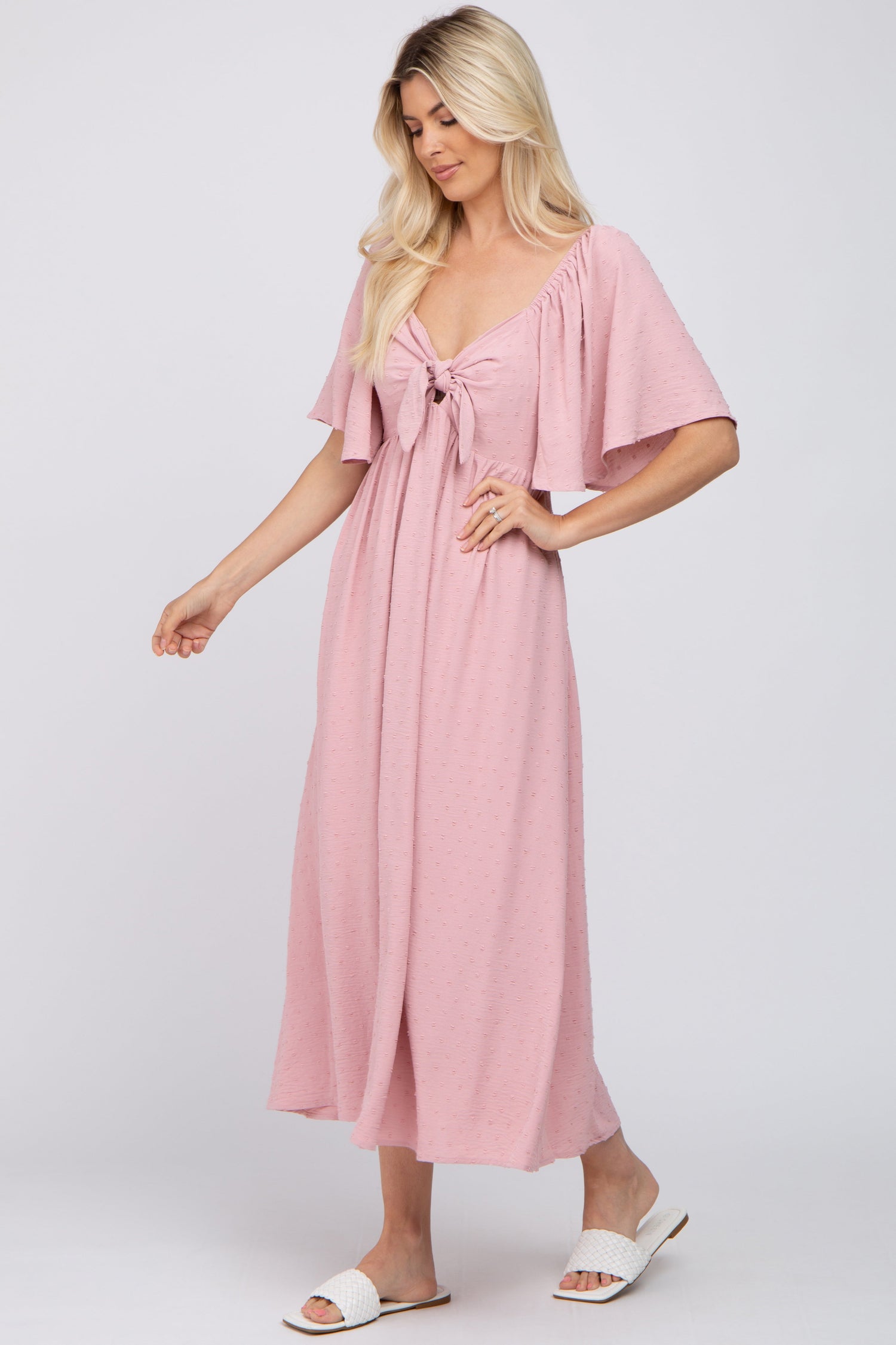 Mauve Textured Dot Front Tie Ruffle Sleeve Midi Dress