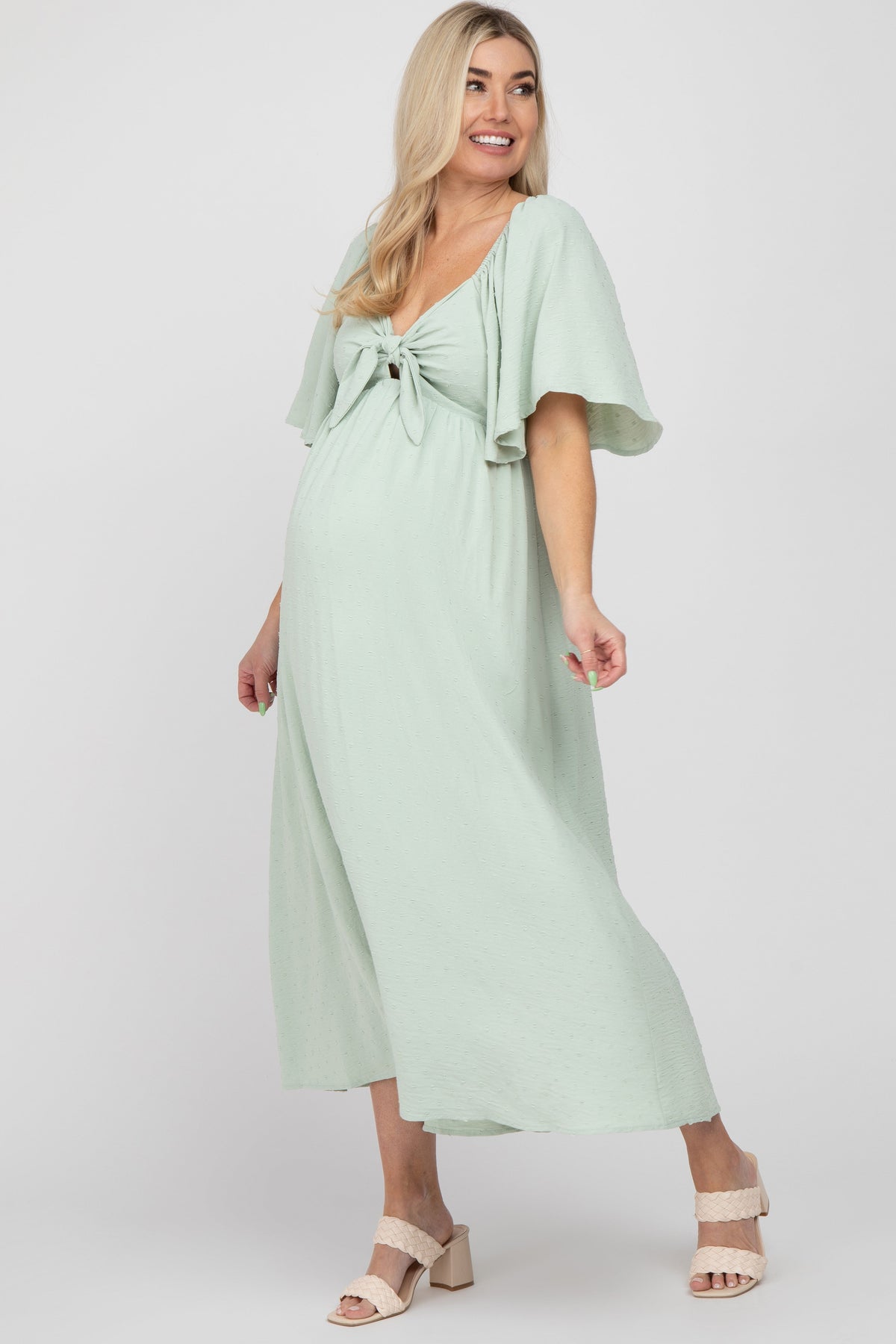 Mint Green Textured Dot Front Tie Ruffle Sleeve Maternity Midi Dress - Dress, One-piece garment, Day Dress, Photo shoot, Person | Everetts Place