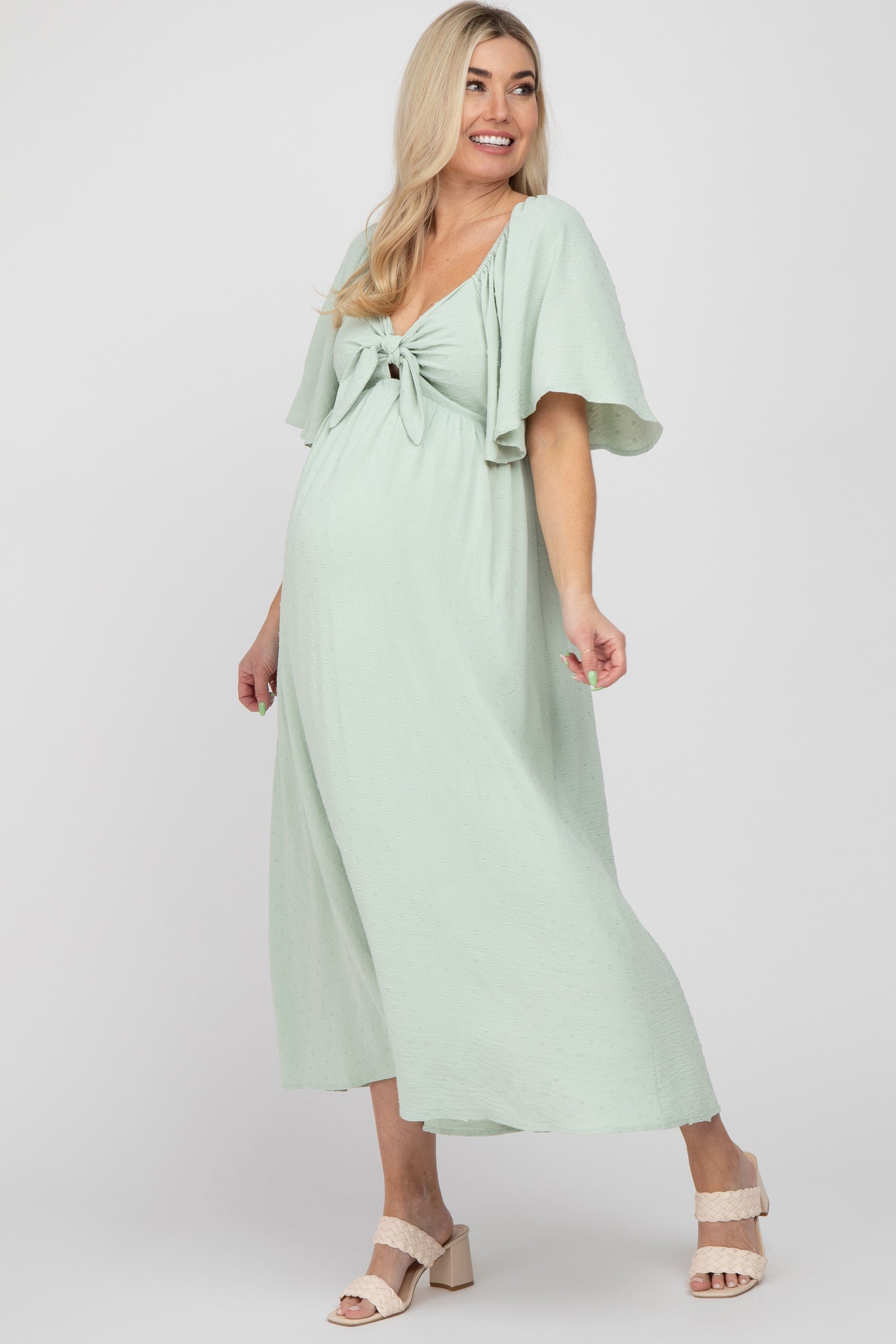 Mint Green Textured Dot Front Tie Ruffle Sleeve Maternity Midi Dress - Dress, One-piece garment, Day Dress, Photo shoot, Person | Everetts Place
