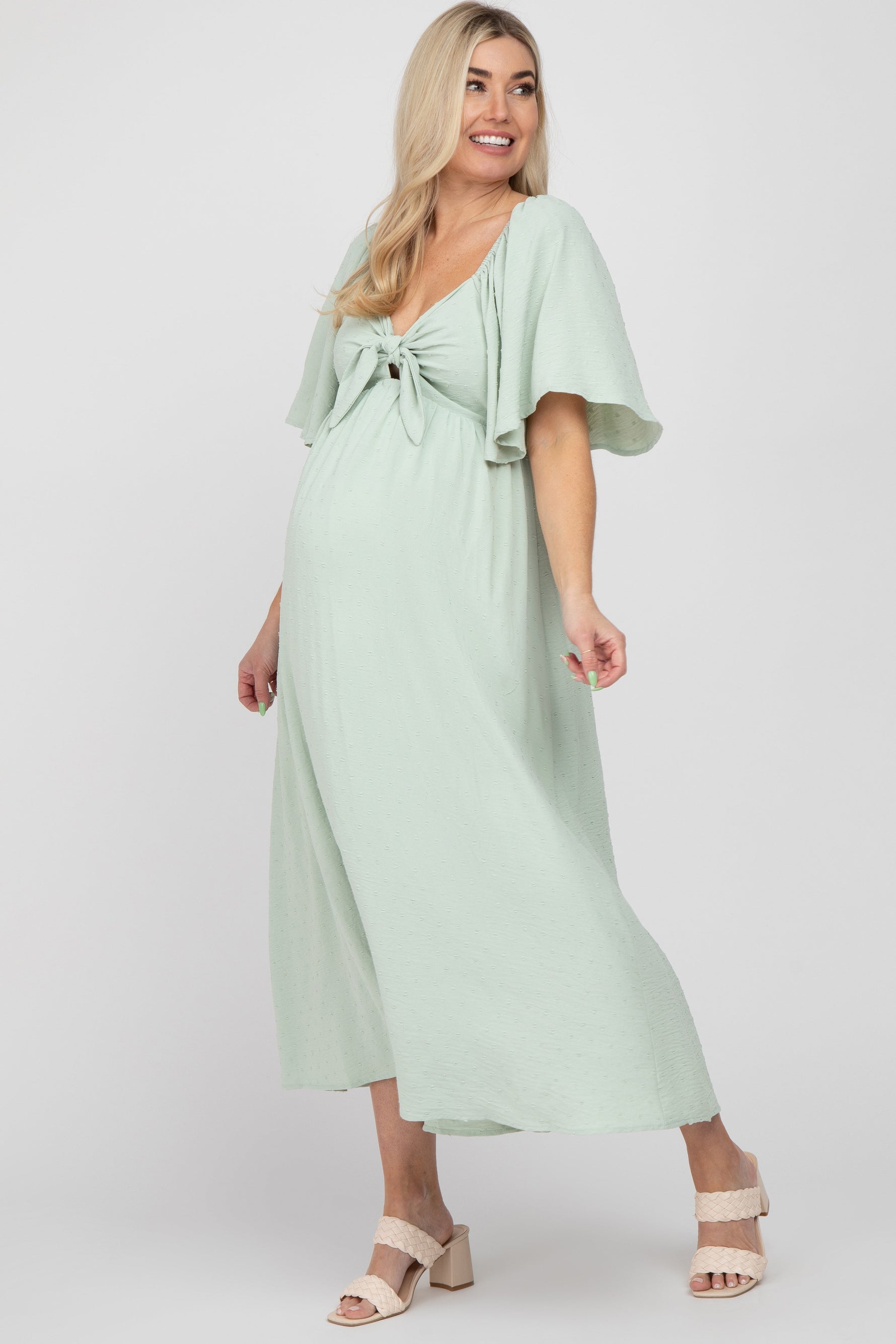 Mint Green Textured Dot Front Tie Ruffle Sleeve Maternity Midi Dress - Dress, One-piece garment, Day Dress, Photo shoot, Person | Everetts Place