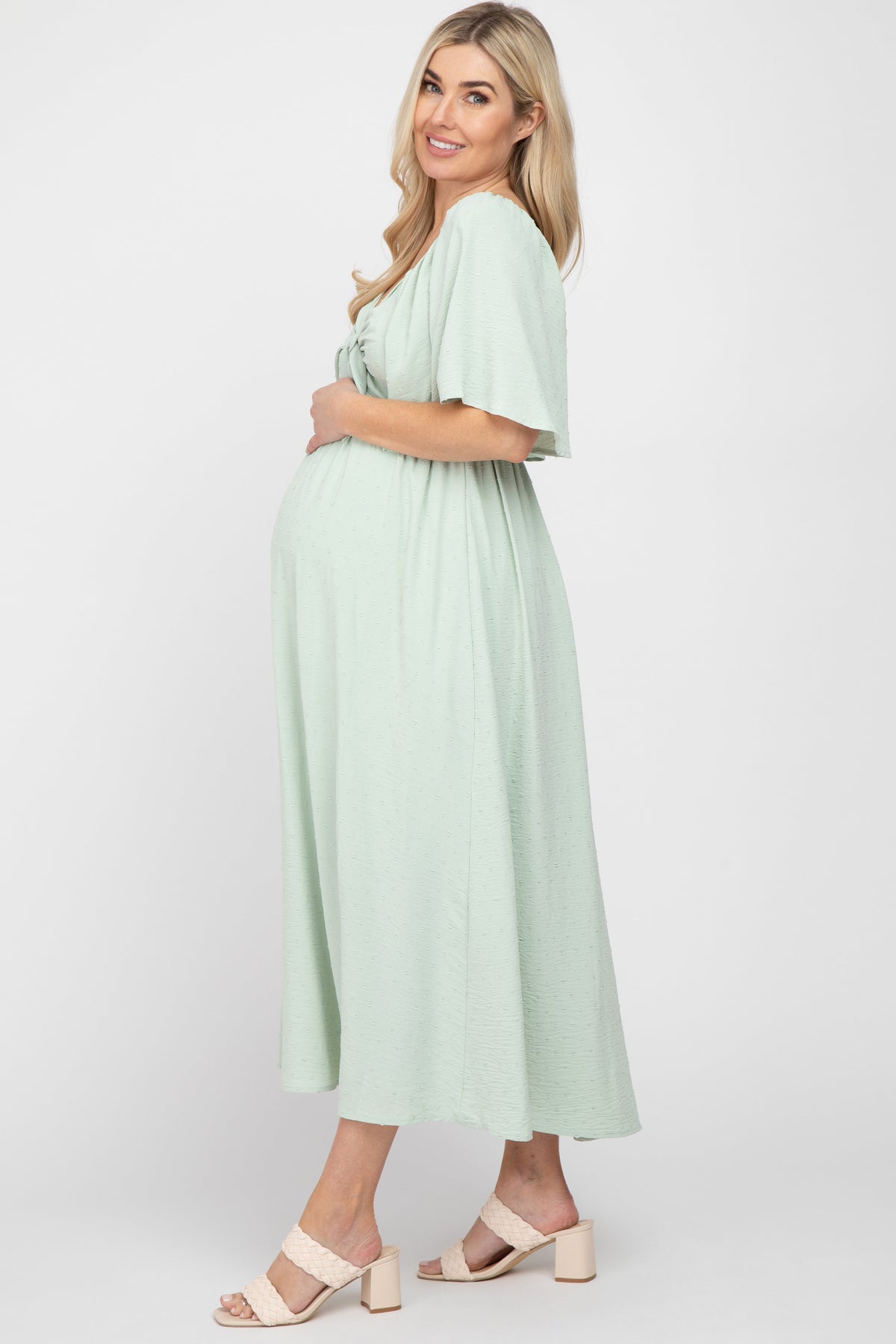 Mint Green Textured Dot Front Tie Ruffle Sleeve Maternity Midi Dress by PinkBlush at Everetts Place