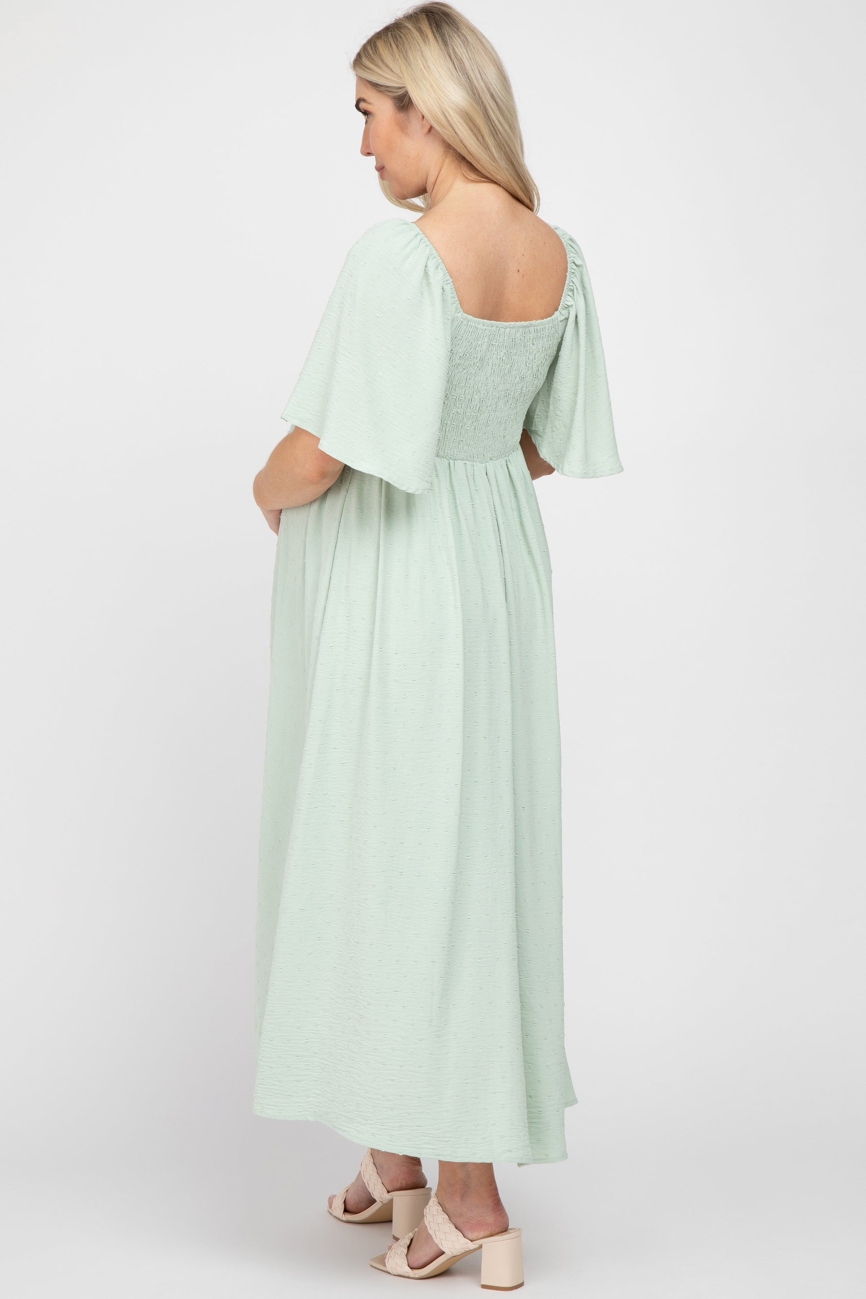 Mint Green Textured Dot Front Tie Ruffle Sleeve Maternity Midi Dress by PinkBlush at Everetts Place