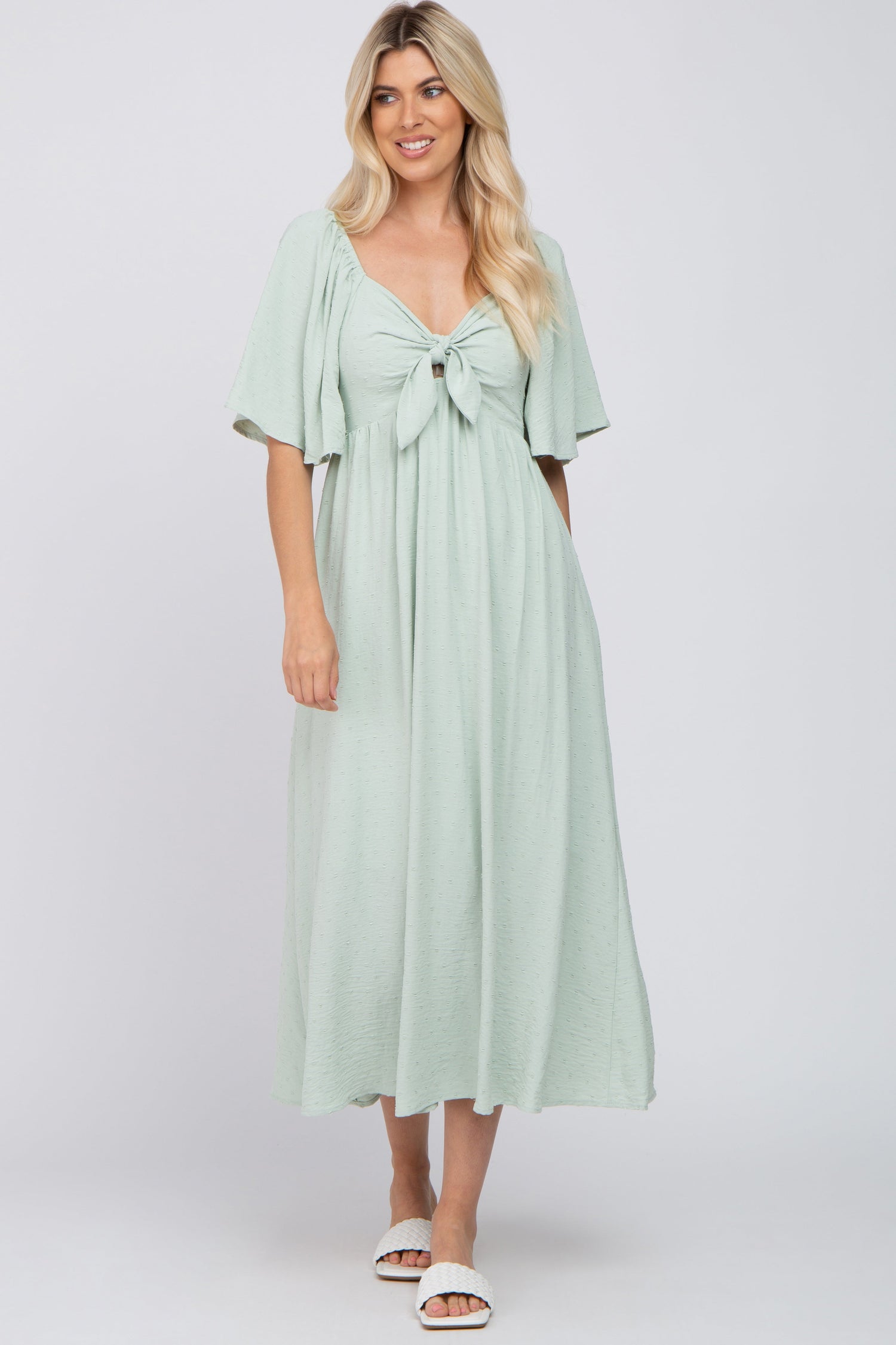 Mint Green Textured Dot Front Tie Ruffle Sleeve Midi Dress - Dress, One-piece garment, Day Dress, Fashion design, Embellishment | Everetts Place