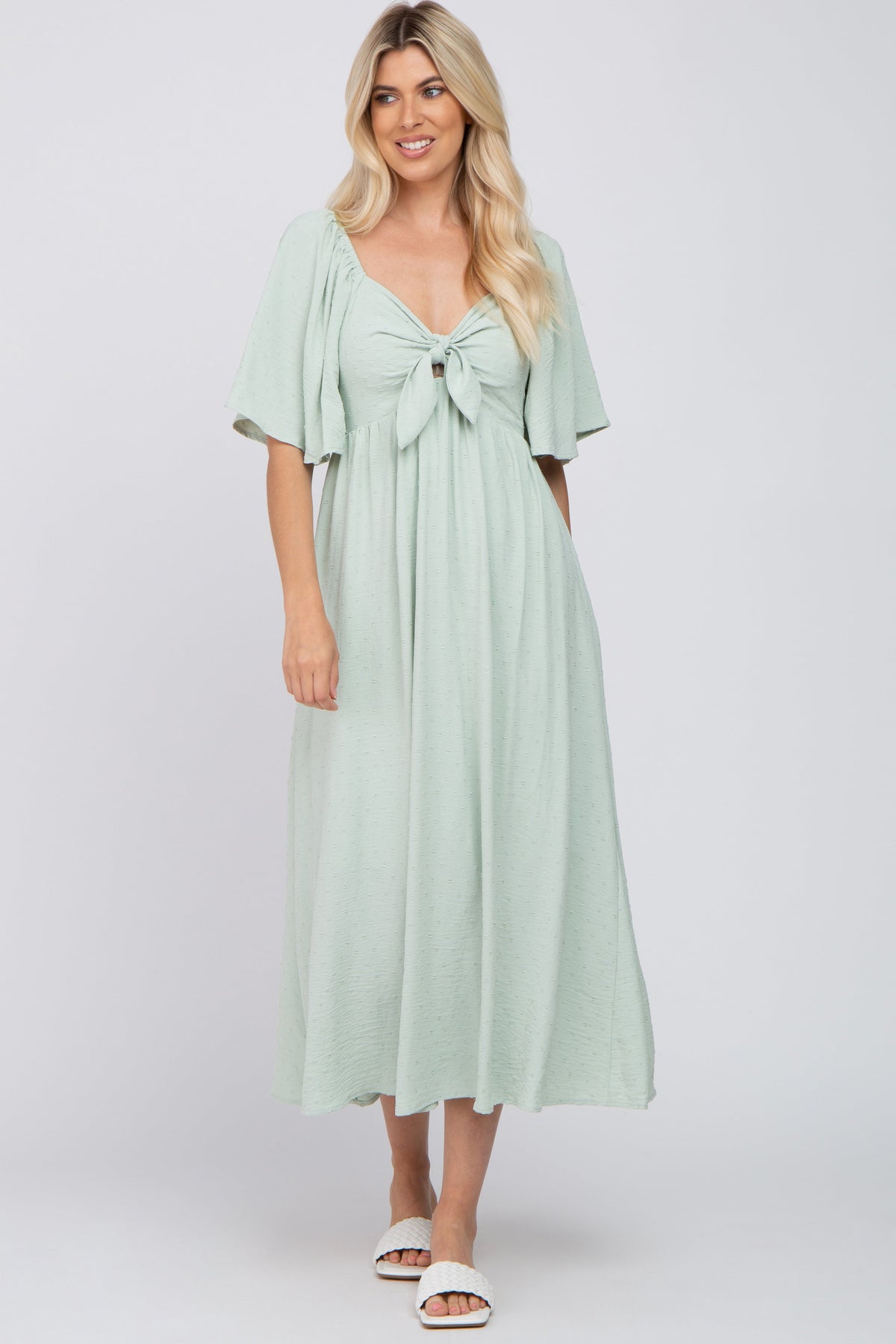 Mint Green Textured Dot Front Tie Ruffle Sleeve Maternity Midi Dress by PinkBlush at Everetts Place