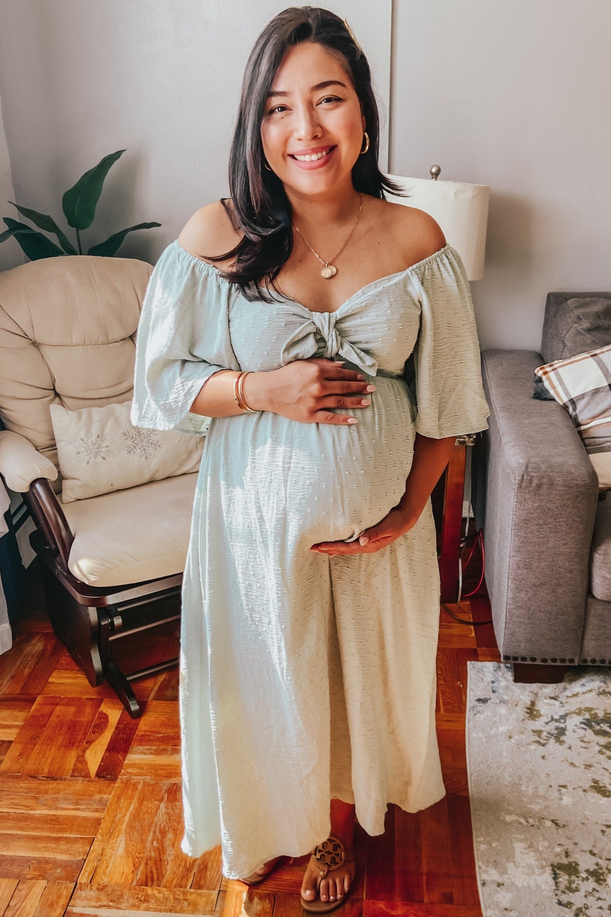 Mint Green Textured Dot Front Tie Ruffle Sleeve Maternity Midi Dress by PinkBlush at Everetts Place