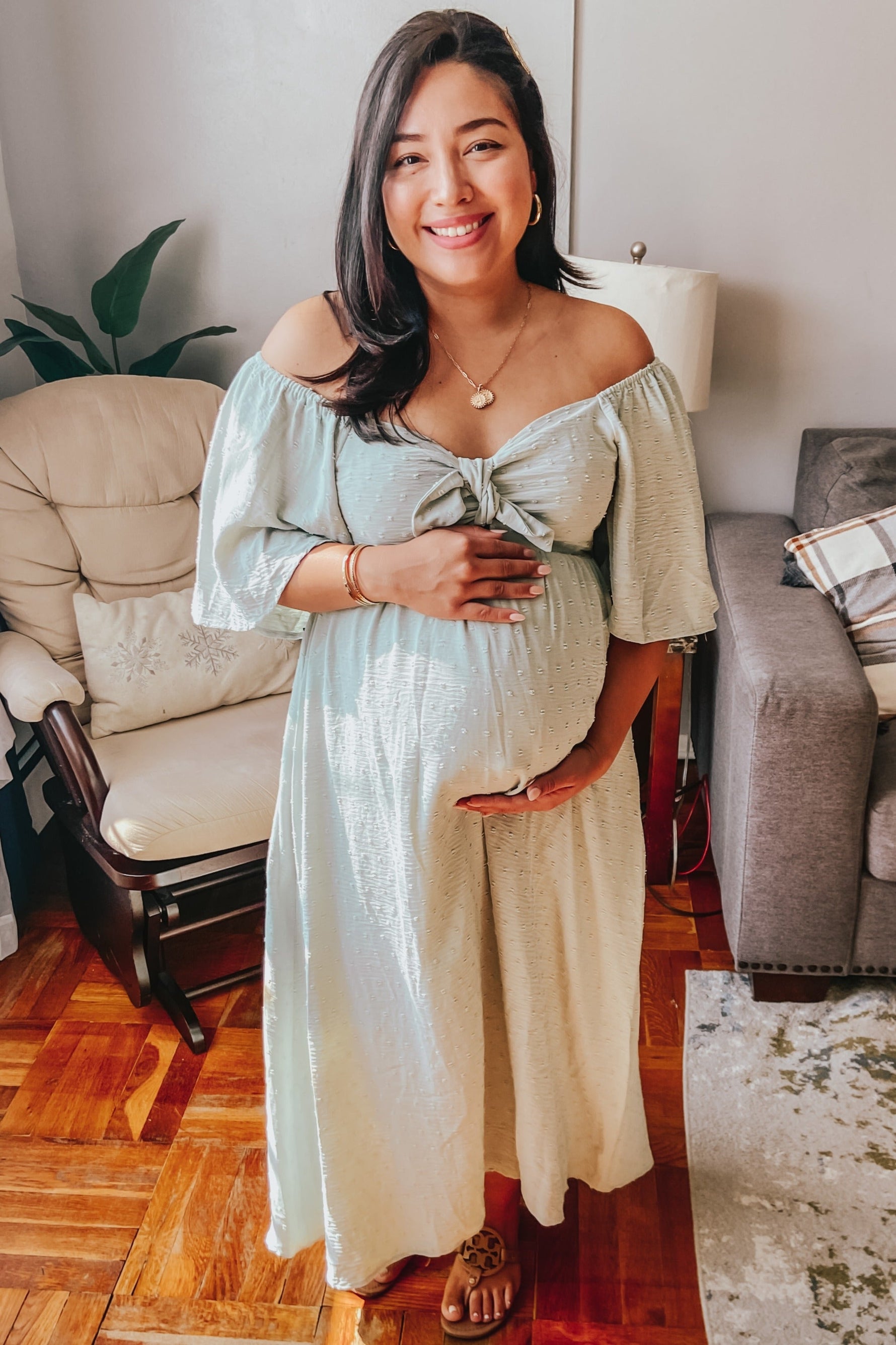 Mint Green Textured Dot Front Tie Ruffle Sleeve Maternity Midi Dress by PinkBlush at Everetts Place