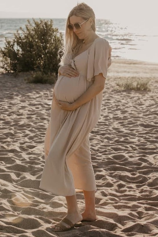 Textured Dot Front Tie Ruffle Sleeve Maternity Dress by PinkBlush (view 7 of 8)