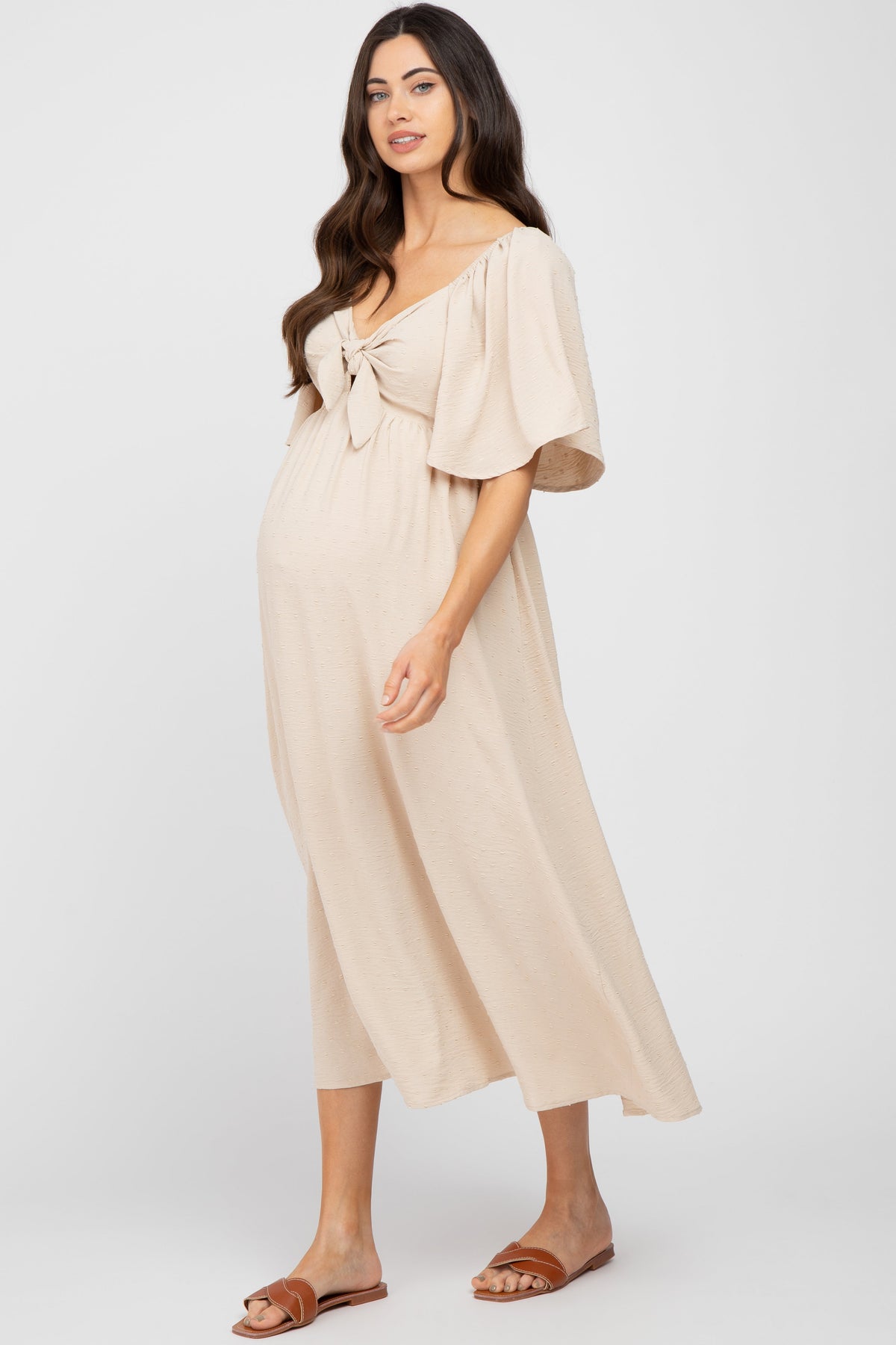 Textured Dot Front Tie Ruffle Sleeve Maternity Dress by PinkBlush (view 2 of 8)