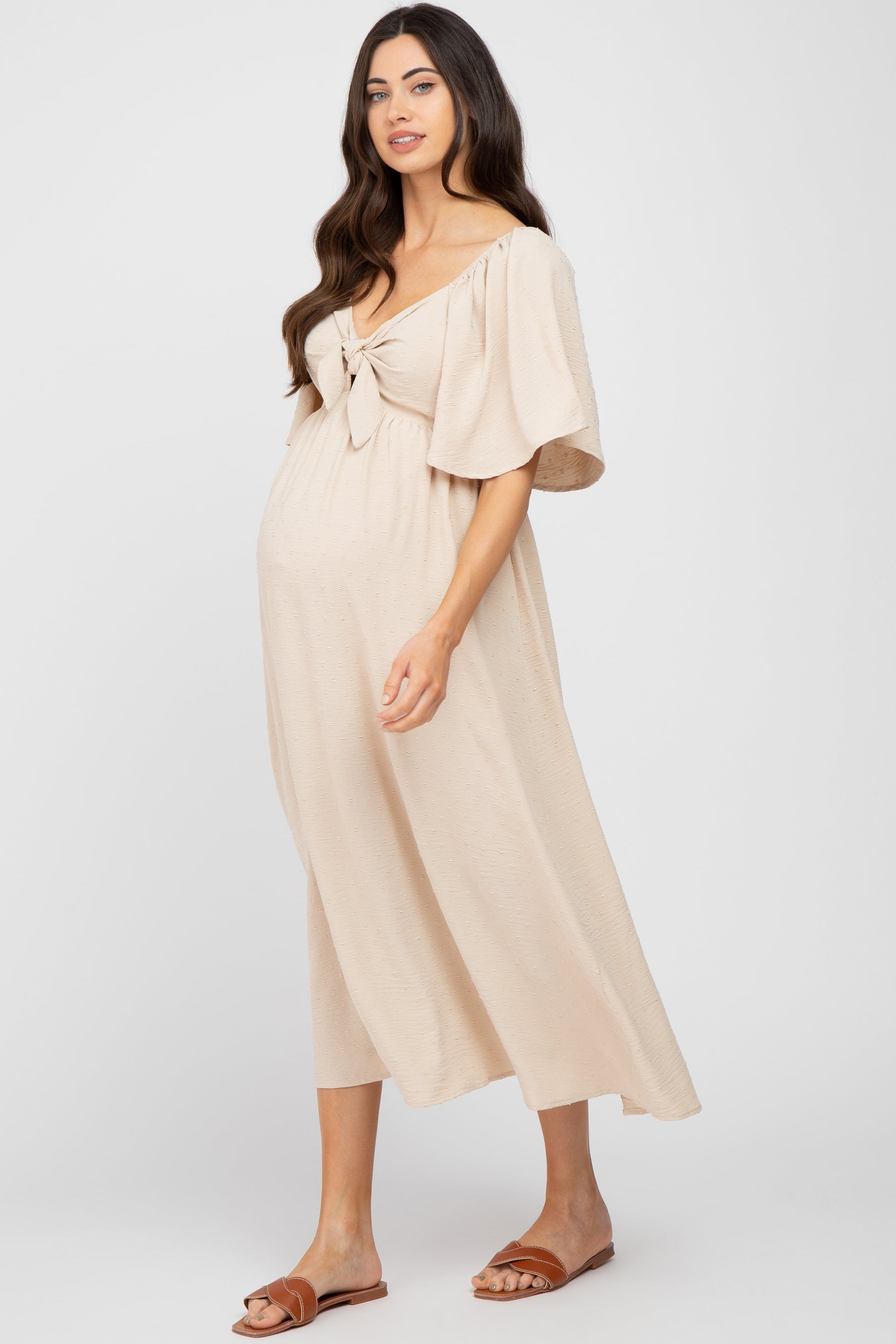 Textured Dot Front Tie Ruffle Sleeve Maternity Dress by PinkBlush (view 2 of 8)