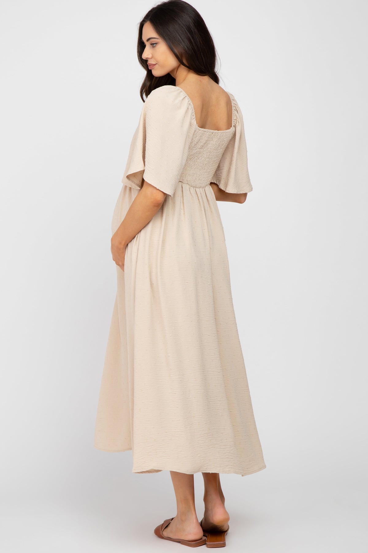 Textured Dot Front Tie Ruffle Sleeve Maternity Dress by PinkBlush (view 3 of 8)