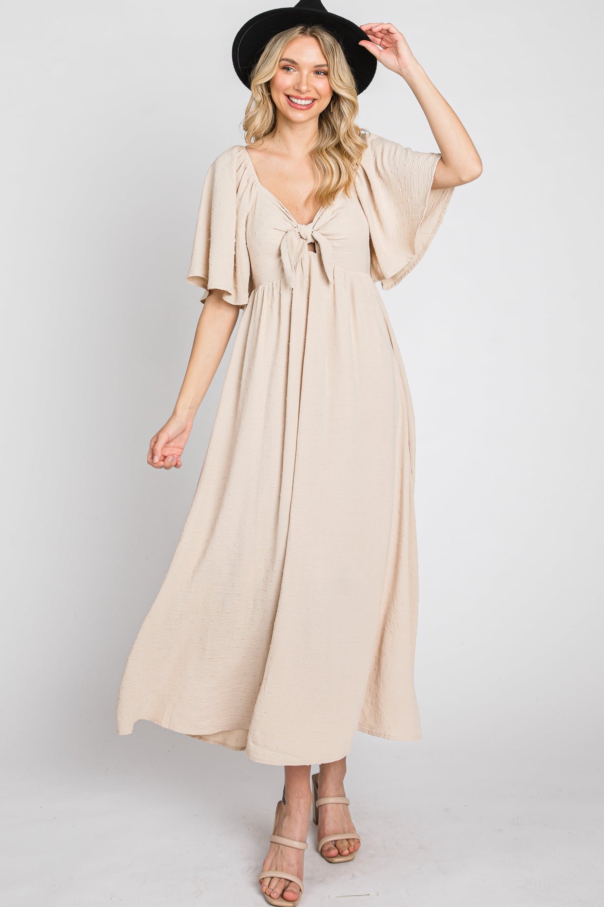 Textured Dot Front Tie Ruffle Sleeve Maternity Dress by PinkBlush (view 8 of 8)