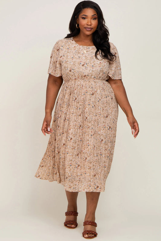 PinkBlush Beige Floral Pleated Chiffon Midi Dress for Stylish Plus Size Women - Apparel & Accessories > Clothing > Dresses Apparel & Accessories > Clothing > Dresses