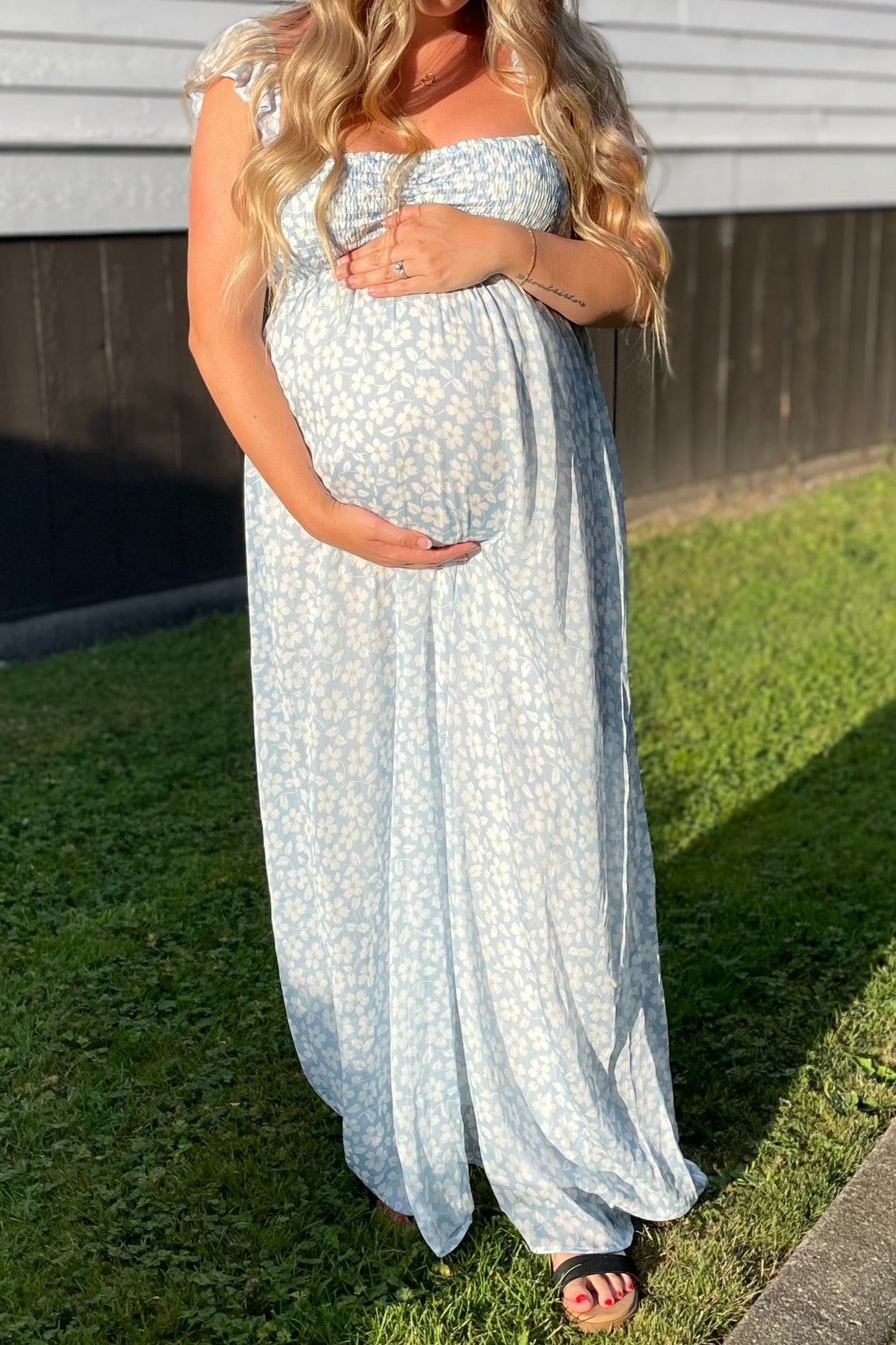 Light Blue Floral Chiffon Sweetheart Neck Off Shoulder Maternity Maxi Dress by PinkBlush (view 4 of 9)