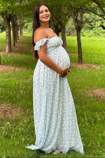 Light Blue Floral Chiffon Sweetheart Neck Off Shoulder Maternity Maxi Dress by PinkBlush at Everetts Place