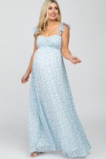 Light Blue Floral Chiffon Sweetheart Neck Off Shoulder Maternity Maxi Dress by PinkBlush (view 1 of 9)