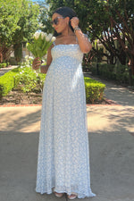 Light Blue Floral Chiffon Sweetheart Neck Off Shoulder Maternity Maxi Dress by PinkBlush (view 7 of 9)