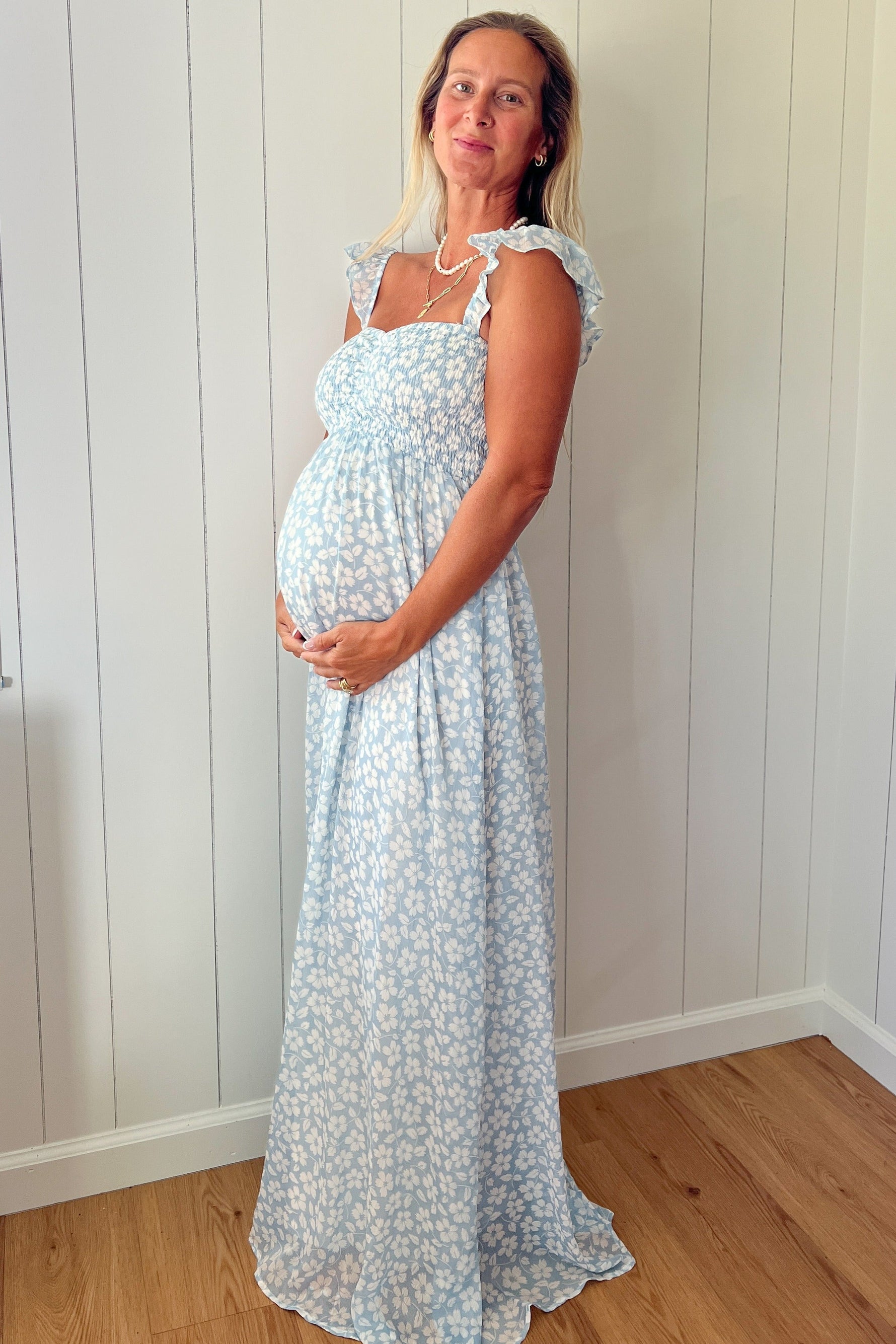 Light Blue Floral Chiffon Sweetheart Neck Off Shoulder Maternity Maxi Dress by PinkBlush (view 8 of 9)