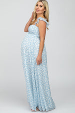 Light Blue Floral Chiffon Sweetheart Neck Off Shoulder Maternity Maxi Dress by PinkBlush (view 2 of 9)