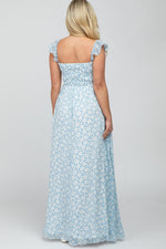 Light Blue Floral Chiffon Sweetheart Neck Off Shoulder Maternity Maxi Dress by PinkBlush (view 3 of 9)