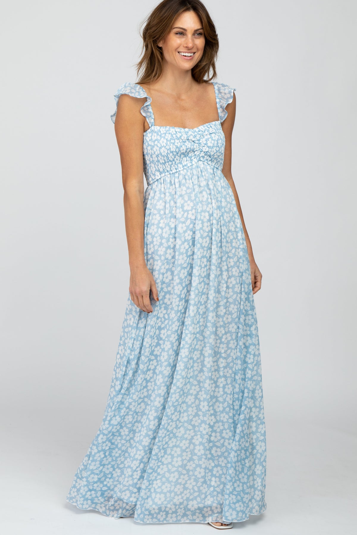Light Blue Floral Chiffon Sweetheart Neck Off Shoulder Maternity Maxi Dress by PinkBlush at Everetts Place