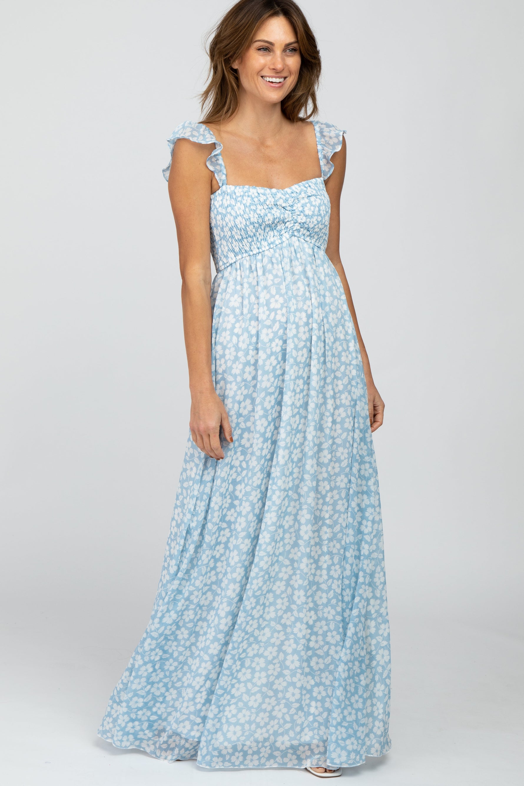 Light Blue Floral Chiffon Sweetheart Neck Off Shoulder Maternity Maxi Dress by PinkBlush at Everetts Place