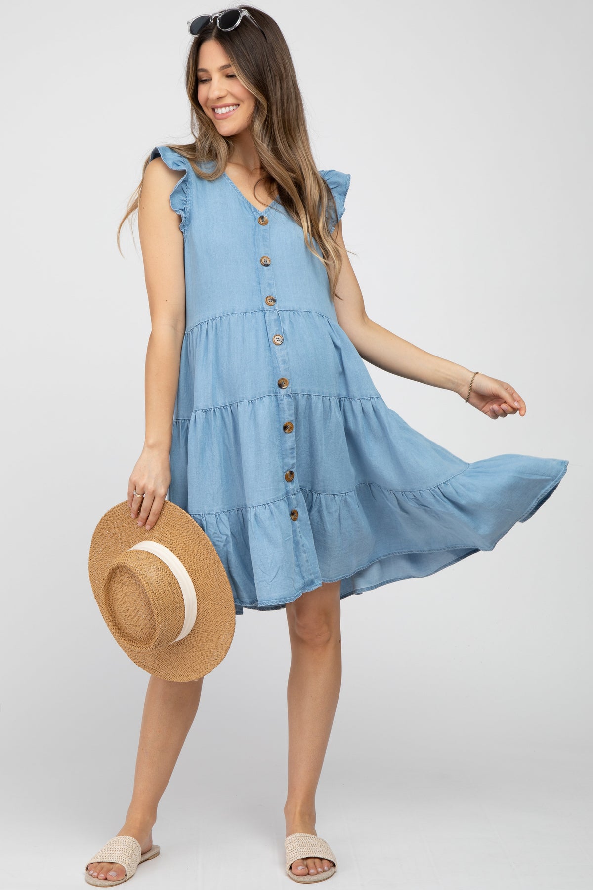 Chambray Tiered Button Accent Maternity Dress by PinkBlush