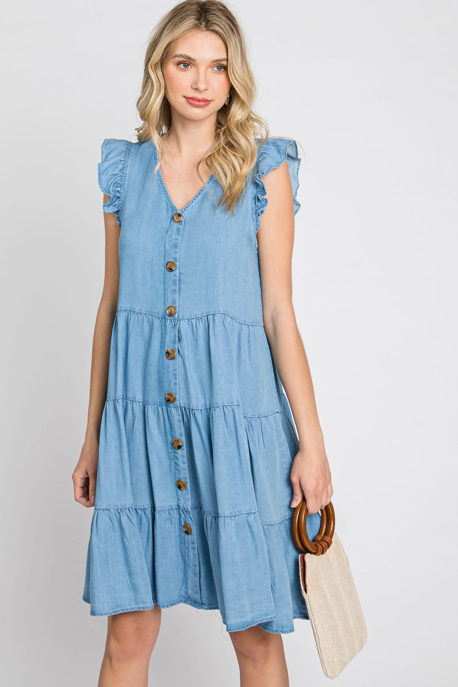 Light Blue Chambray Tiered Button Accent Dress PinkBlush 