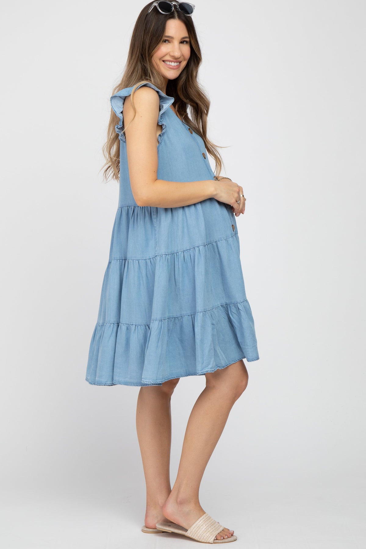 Chambray Tiered Button Accent Maternity Dress by PinkBlush