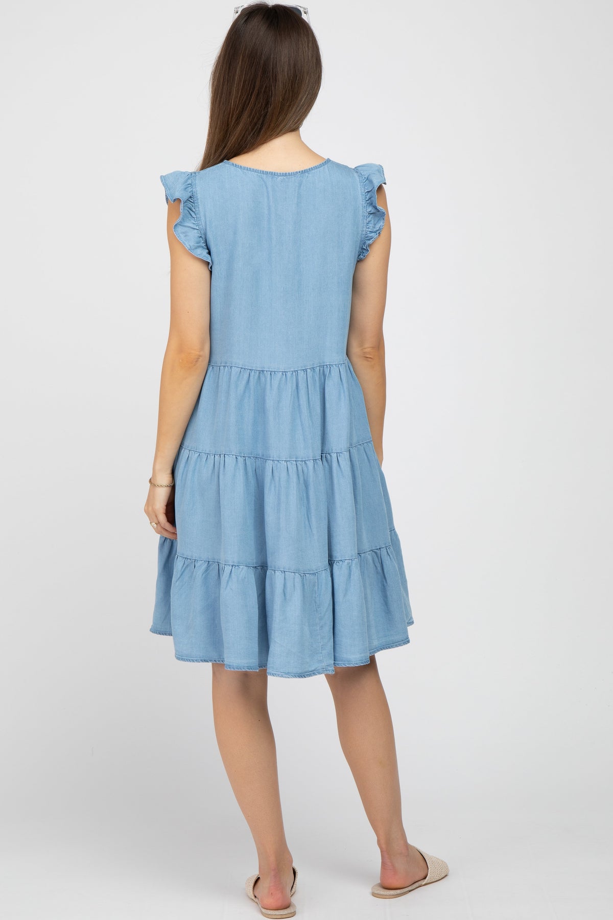 Chambray Tiered Button Accent Maternity Dress by PinkBlush