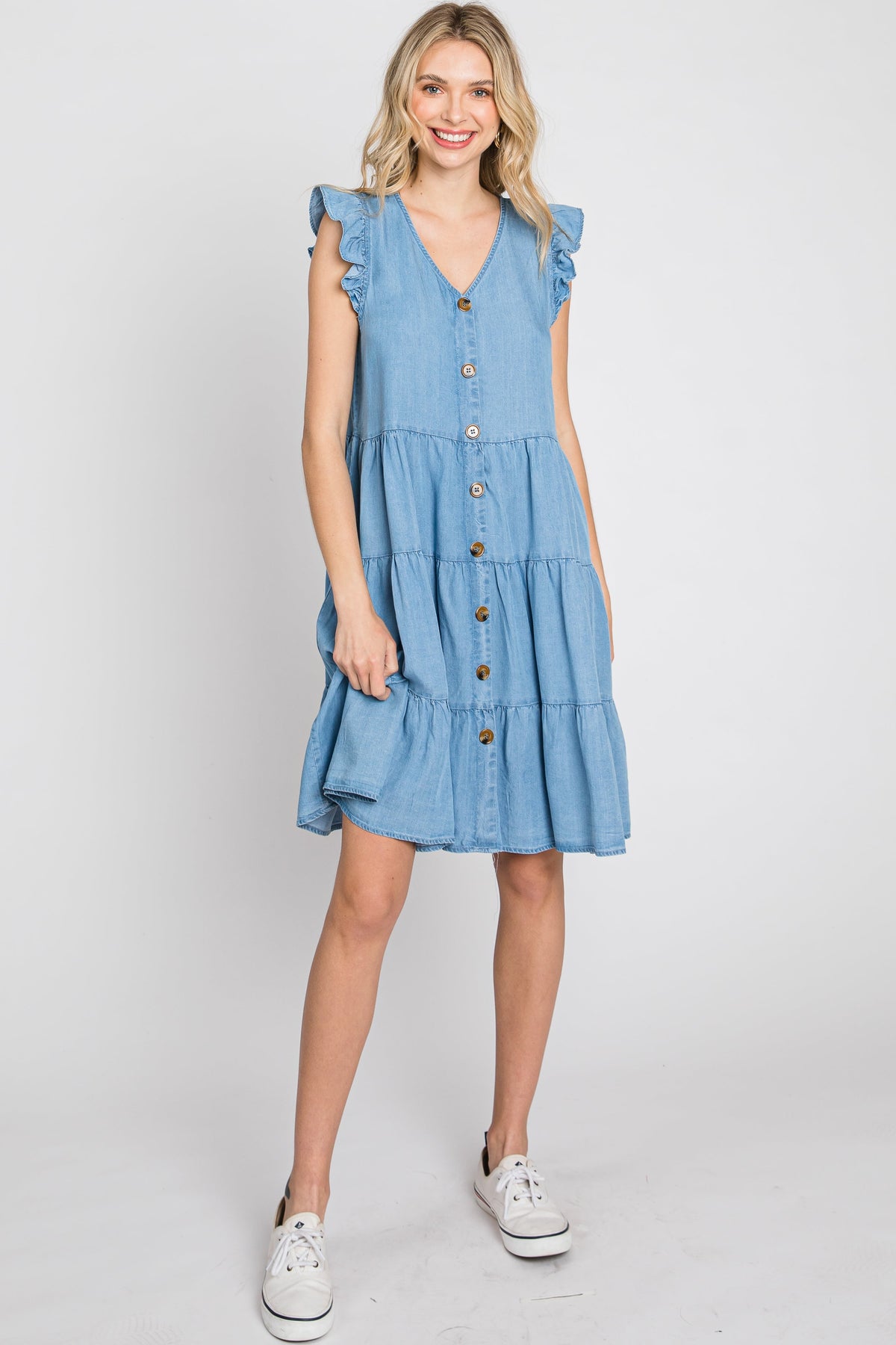 Chambray Tiered Button Accent Maternity Dress by PinkBlush