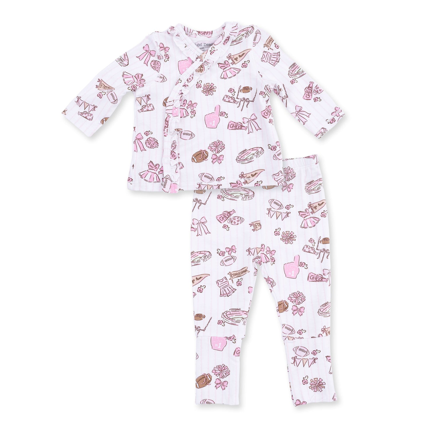 Baby take-me-home set with football cheer print, ruffled kimono top and convertible pants