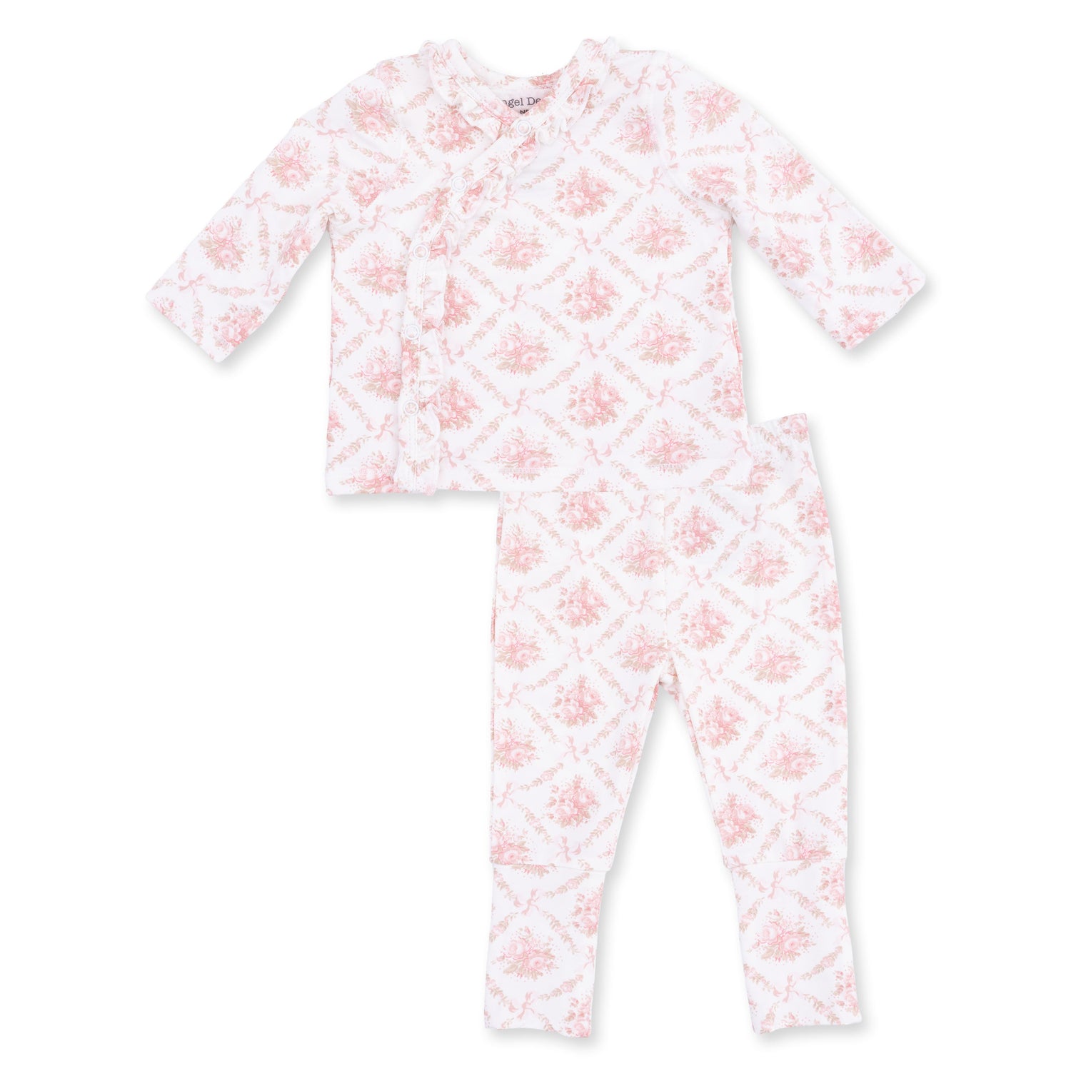 Baby two-piece set with rose bow lattice print, ruffled kimono top and convertible pants