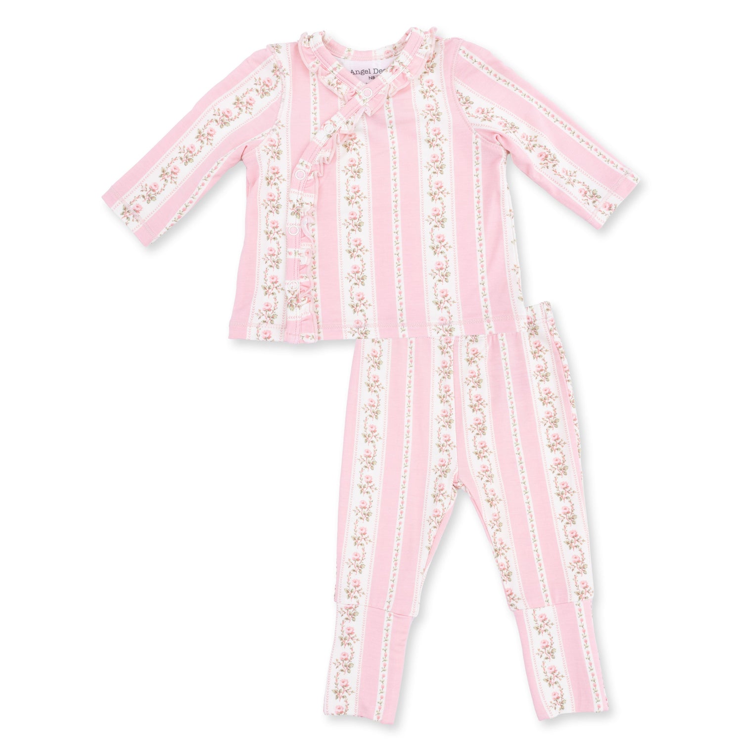 Baby take-me-home set with striped kimono ruffle top and matching convertible footed pants