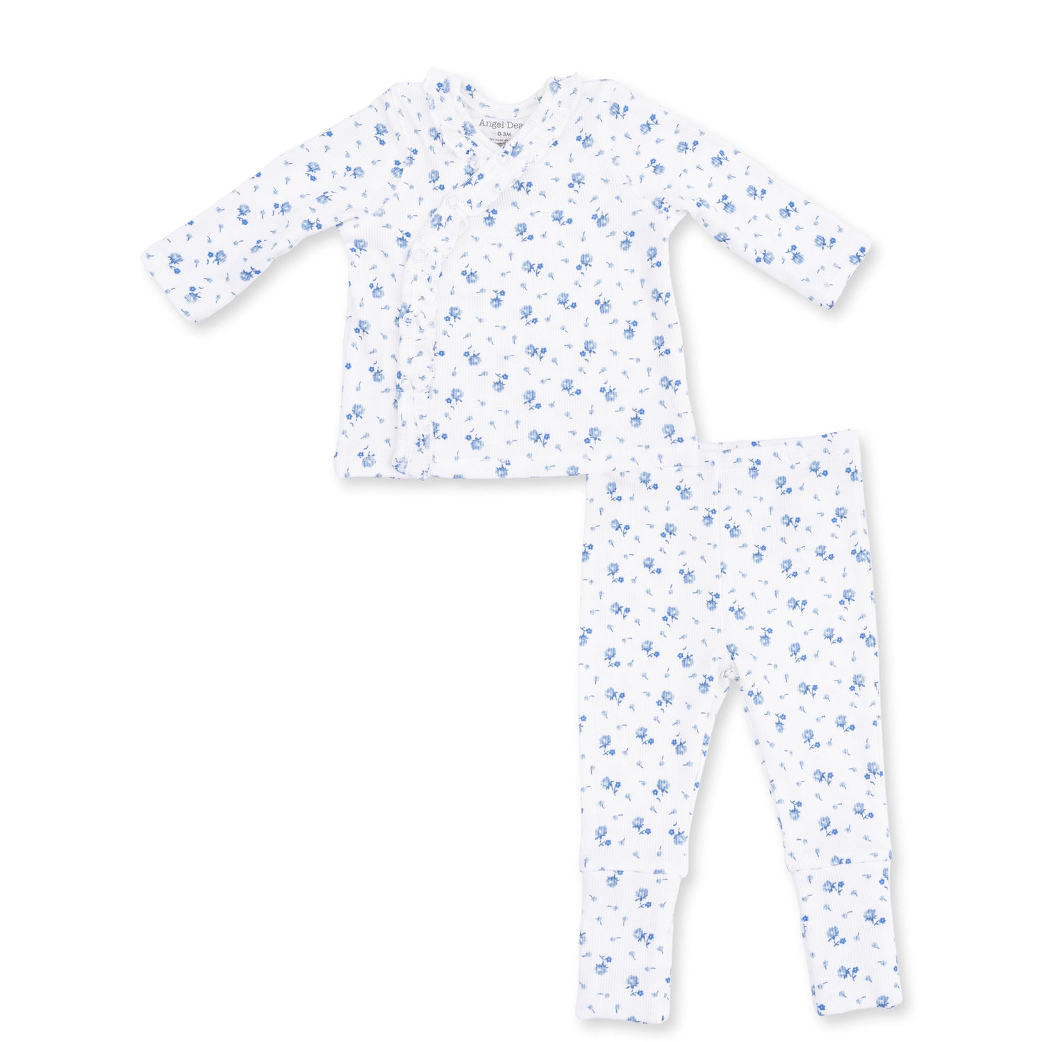 Two-piece baby take-me-home set in pink rosette print with a ruffled kimono top and convertible footed pants.