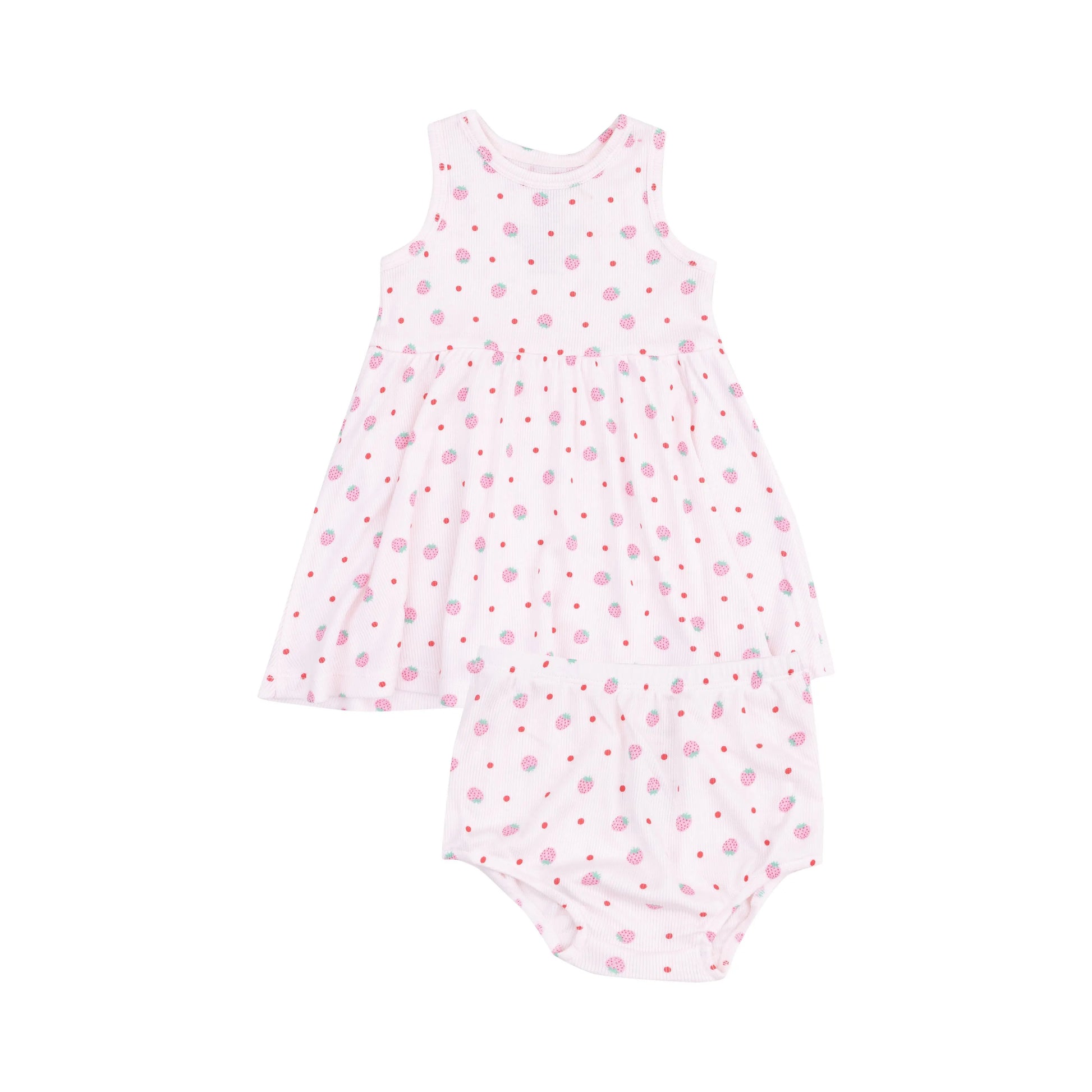 Tank Dress and Bloomer Set for Toddlers in Strawberry Swiss Dot.