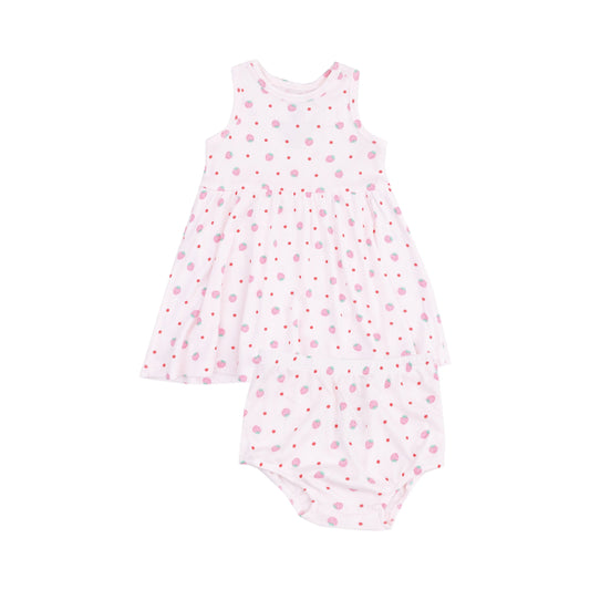 Tank Dress and Bloomer Set for Toddlers in Strawberry Swiss Dot.