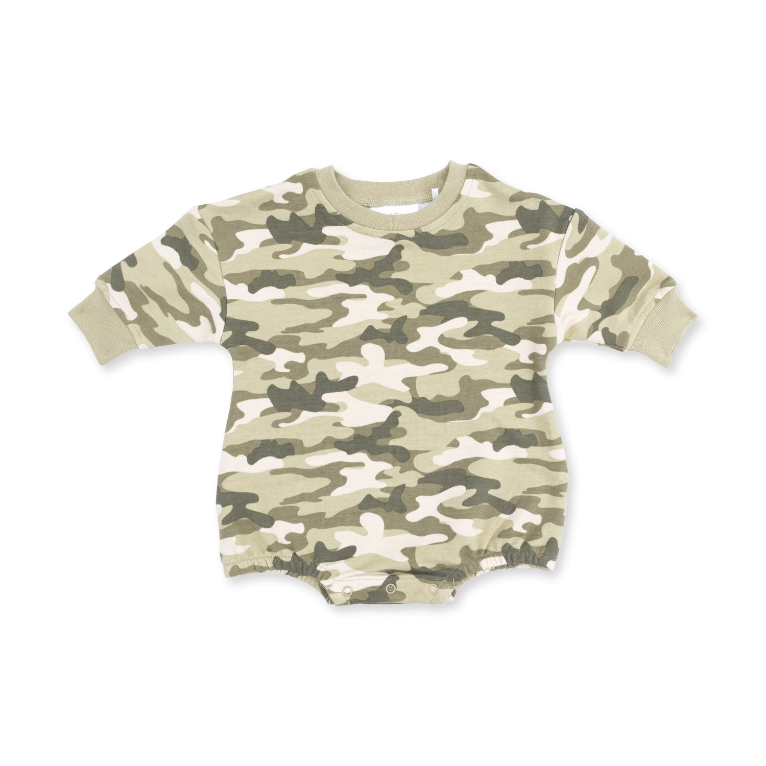 Baby bubble romper in organic French terry with an allover green and gray camo print.