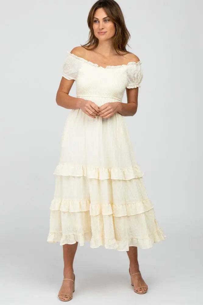 PinkBlush Elegant Ivory Midi Dress with Puff Sleeves and Pockets for Summer Events - Apparel & Accessories > Clothing > Dresses