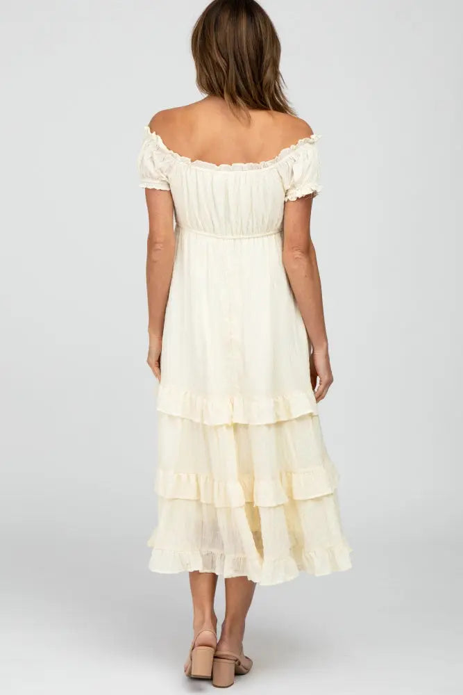 PinkBlush Elegant Ivory Midi Dress with Puff Sleeves and Pockets for Summer Events - Apparel & Accessories > Clothing > Dresses