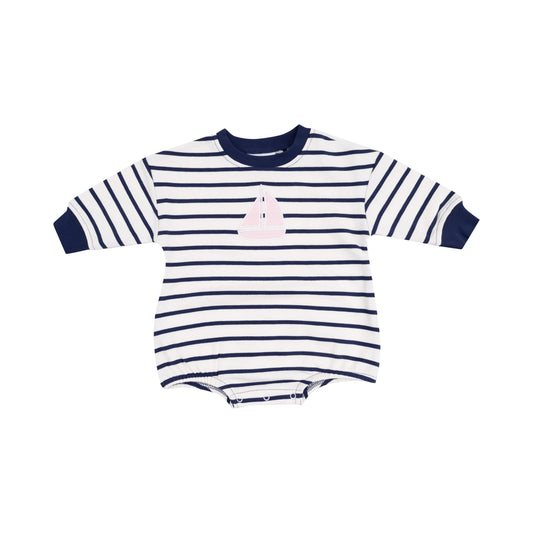 French Terry Sweatshirt Bubble with Pink Sailboat Applique Navy Stripe.