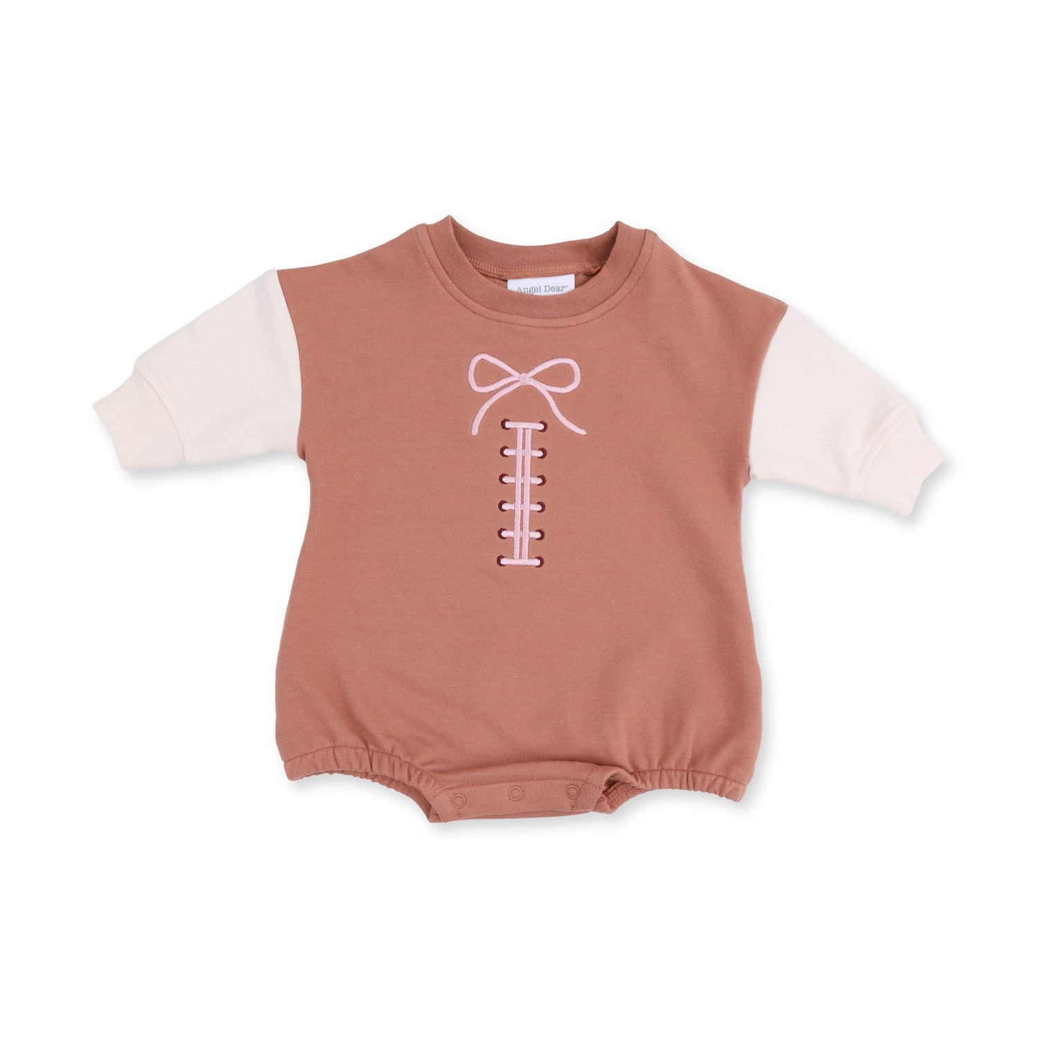 Organic French terry bubble romper with pink football laces and bow embroidery on the front