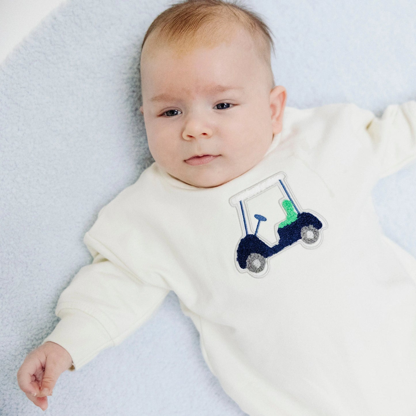 French Terry Golf Cart Applique Sweatshirt Bubble in Blue.