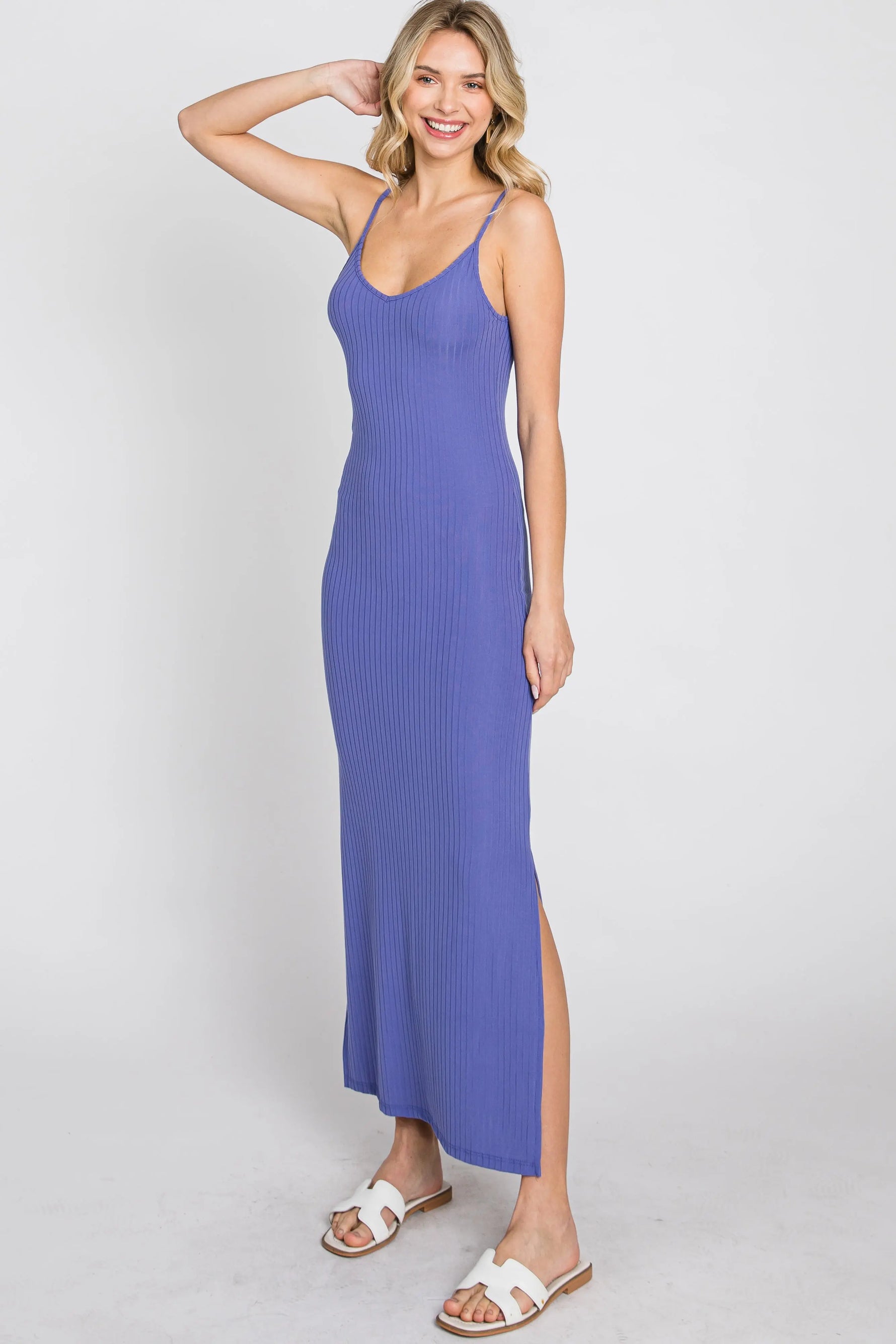 PinkBlush Stylish Violet Ribbed Maxi Dress with Side Slit for Casual Women - Apparel & Accessories > Clothing > Dresses